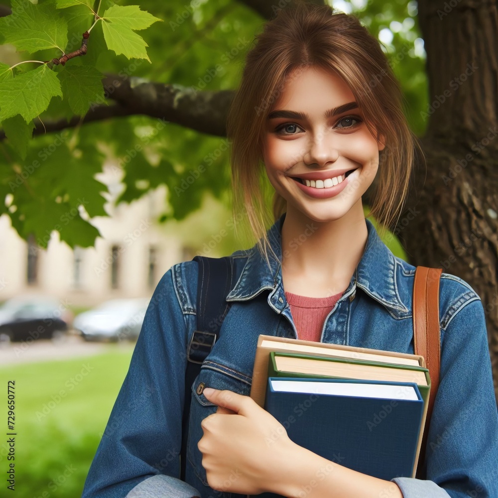 Uma estudante jovem sorrindo segurando os cadernos e livros. Uma aluna simples feliz e sorridente, mulher sorrindo, pessoa alegre, aluna sorrindo com cadernos nas mãos - obrazy, fototapety, plakaty 