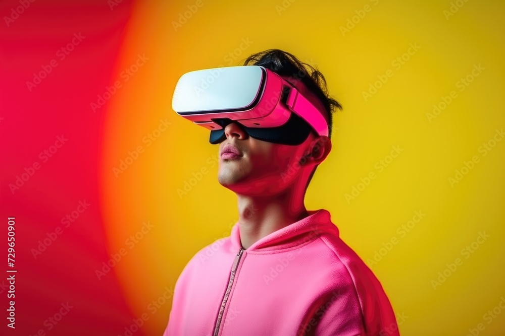 Young man in pink hoodie using virtual reality headset on colorful background
