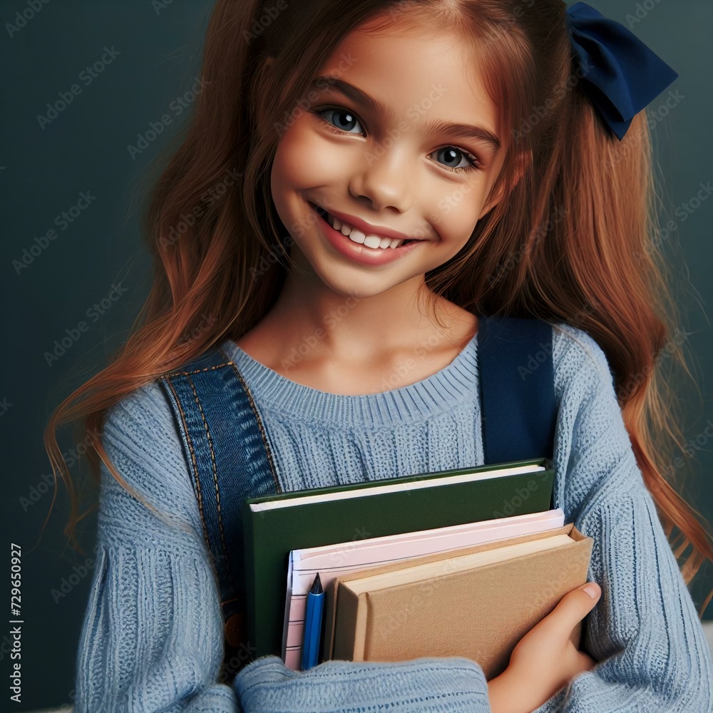 Uma estudante criança sorrindo segurando os cadernos e livros. Uma aluna simples feliz e sorridente, menina sorrindo,  criança alegre, aluna sorrindo com cadernos nas mãos - obrazy, fototapety, plakaty 