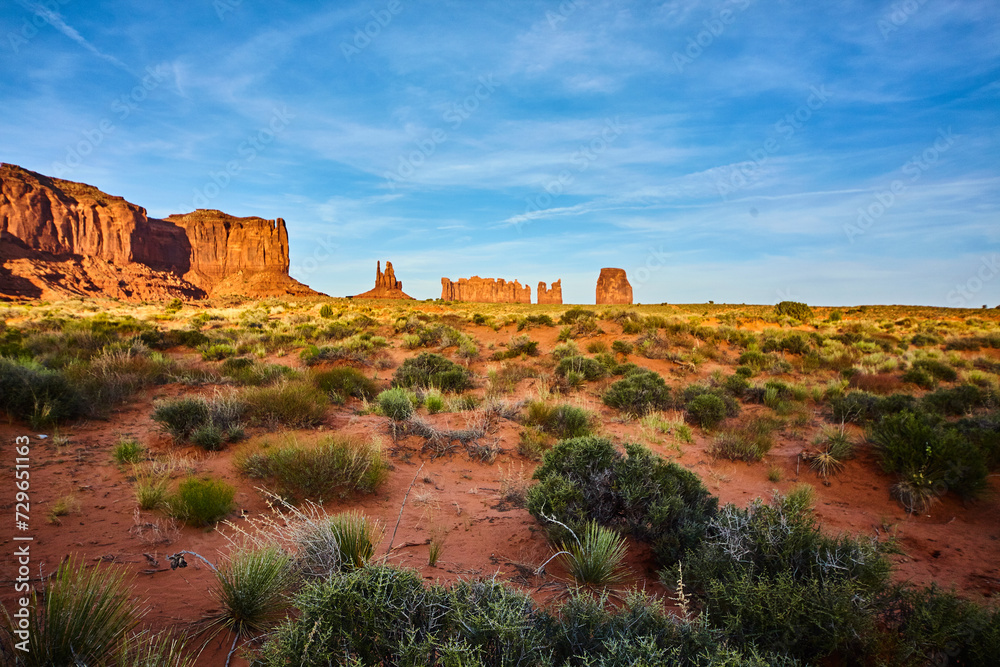 Monument Valley Red Rock Buttes and Desert Flora at Sunset