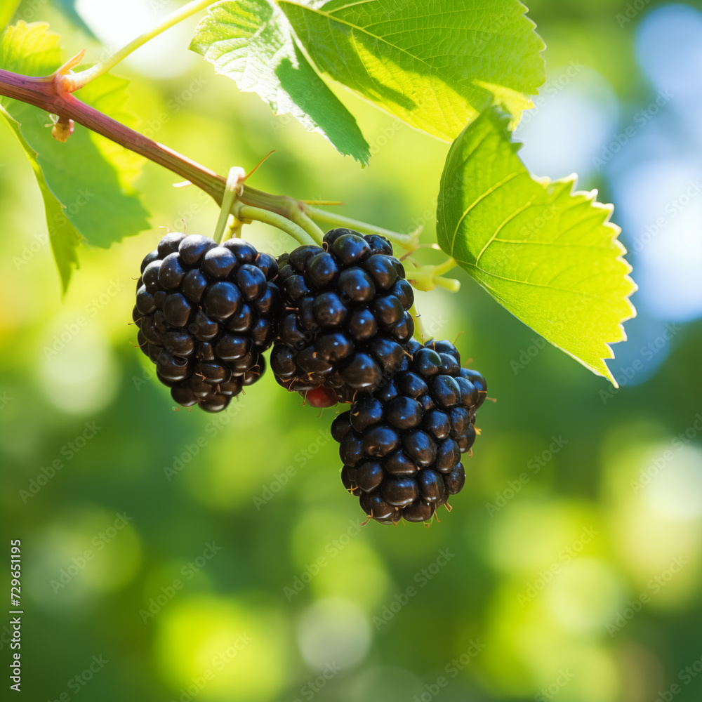 close-up of a fresh ripe blackberry hang on branch tree. autumn farm harvest and urban gardening concept with natural green foliage garden at the background. selective focus - obrazy, fototapety, plakaty 