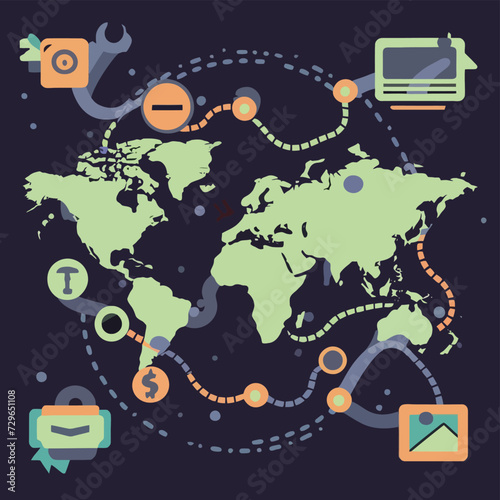 2d vector illustration colorful trading over the world map money bitcoin crypto 
