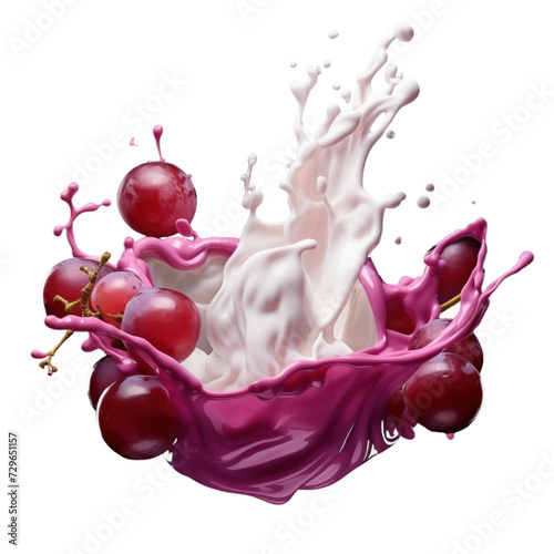 realistic fresh ripe red wet isabella grapes with slices falling inside swirl fluid gestures of milk or yoghurt juice splash png isolated on a white background with clipping path. selective focus photo