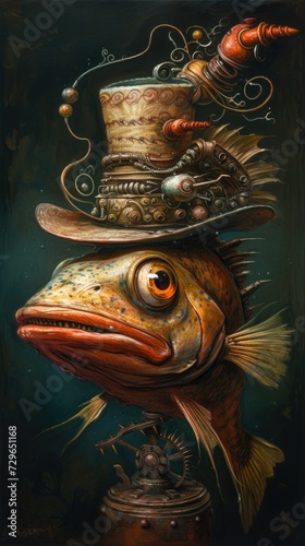 A painting of a fish wearing a top hat. Surreal illustration with steampunk and wild west elements.