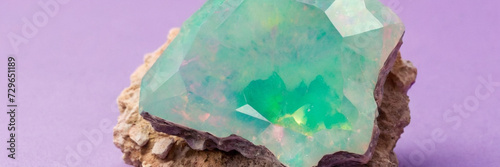 closeup macro view of a green opal gemstone mineral on a glittery pastel pinky violet background a picture for banner