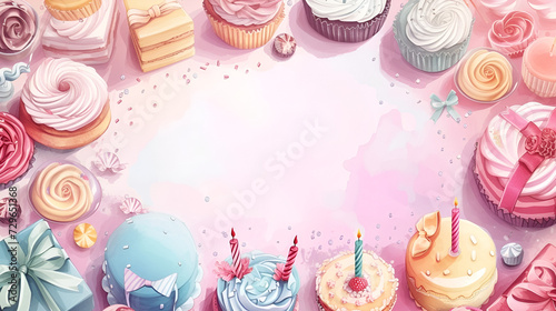 copy space birthday card, frame of sweets cakes and pastries on a pink background with space for text