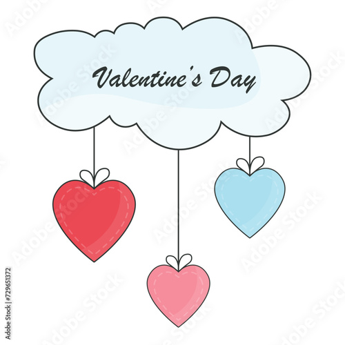 Vector illustration for valentine's day, colorful hearts hanging on ropes from a cloud, on a white background, for your design, for congratulations