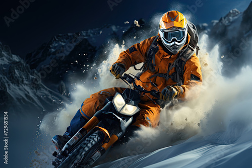 Active man wearing orange snow suit and helmet is riding motorcycle through snow at mountains © sommersby