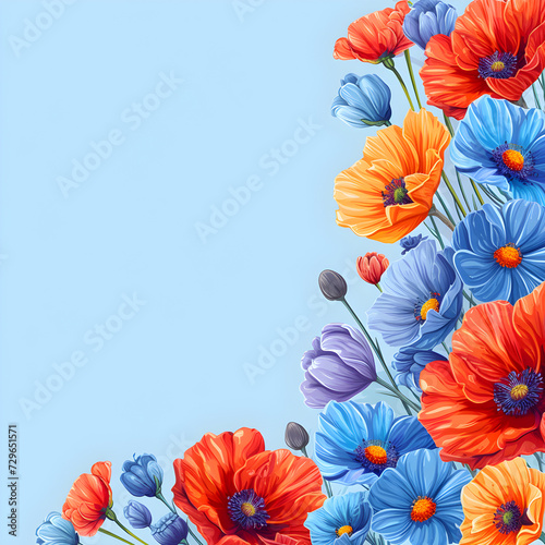 Vivid summer flowers on a sky blue background for Mother s Day or birthday greeting banner or card. Features red poppies  blue  orange and purple wild flowers with copy space for text.