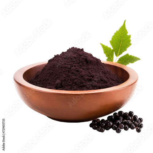 pile of finely dry organic fresh raw black elderberry powder in wooden bowl png isolated on white background. bright colored of herbal, spice or seasoning recipes clipping path. selective focus