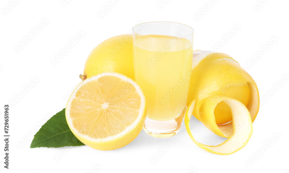 Shot glass with tasty limoncello liqueur, lemons and green leaf isolated on white Shot glass with tasty limoncello liqueur, lemons and green leaf isolated on white