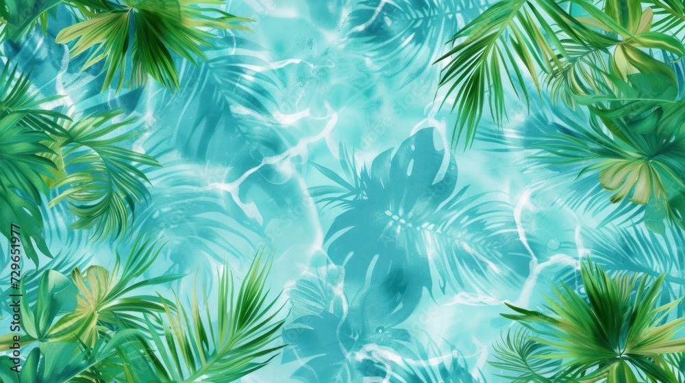  a blue and green tropical wallpaper with palm leaves and a pool of water in the middle of the image is a palm tree leaves in the center of the photo.