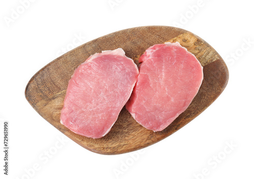 Wooden board with pieces of raw pork meat isolated on white, top view
