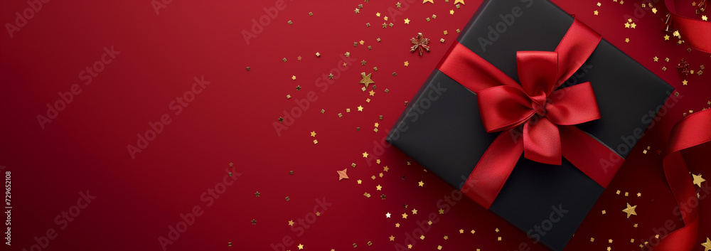 Festive Black Friday surprise! Top view black gift box, adorned with vibrant red ribbon, surrounded by golden star-shaped confetti, set against rich marsala backdrop. Ideal for your Black Friday deals Festive Black Friday surprise! Top view black gift box, adorned with vibrant red ribbon, surrounded by golden star-shaped confetti, set against rich marsala backdrop. Ideal for your Black Friday deals