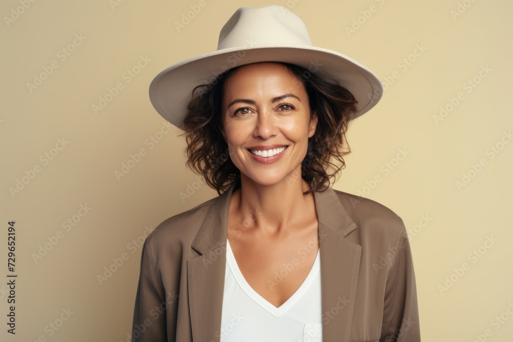 Portrait of smiling woman in beige suit and white hat.
