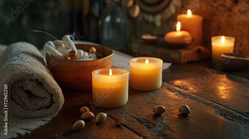  a couple of candles sitting on top of a wooden table next to a bowl of nuts and a towel on top of a table next to a bowl of nuts.