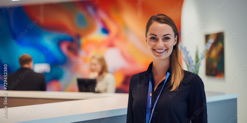 Obraz premium Confident,Young,Woman,Standing,In,Modern,Office,With,Bright,Smile,Wearing,Lanyard,Around,Neck