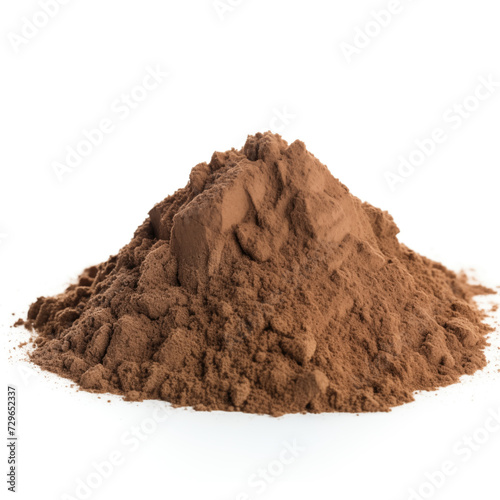close up pile of finely dry organic fresh raw black walnut hull powder isolated on white background. bright colored heaps of herbal, spice or seasoning recipes clipping path. selective focus photo