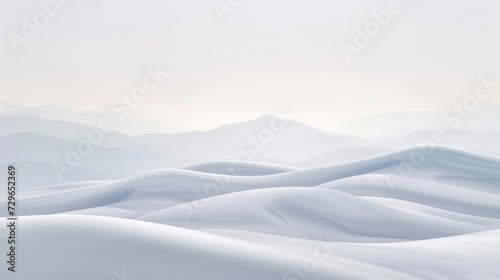 Amidst the serene winter landscape  towering mountains and fog envelop a vast snowy terrain dotted with sand dunes  inviting a sense of wonder and adventure in the great outdoors