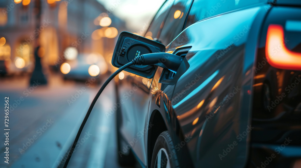 A sleek car rests on the street, its wheels ready to hit the road, powered by a glowing connection to the modern world A sleek car rests on the street, its wheels ready to hit the road, powered by a glowing connection to the modern world