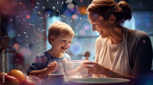 Mother and Child Baking Together in a Warm and Inviting Kitchen, Creating Joyful Memories