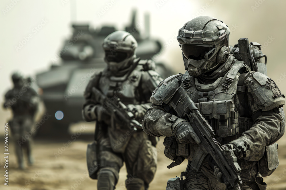 Group of Soldiers Walking Across a Dirt Field During a Military Exercise Group of Soldiers Walking Across a Dirt Field During a Military Exercise