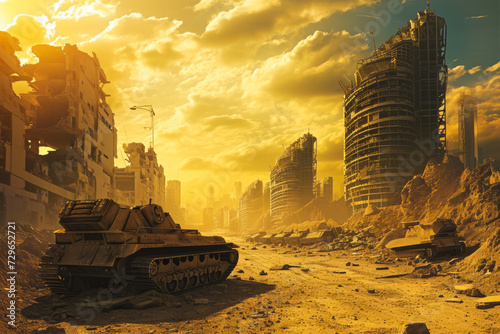 Devastated City With Tank in the Foreground photo