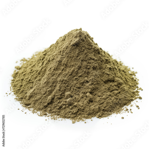 close up pile of finely dry organic fresh raw blessed thistle herb powder isolated on white background. bright colored heaps of herbal, spice or seasoning recipes clipping path. selective focus