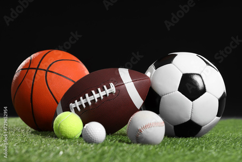 Many different sports balls on green grass against black background © New Africa