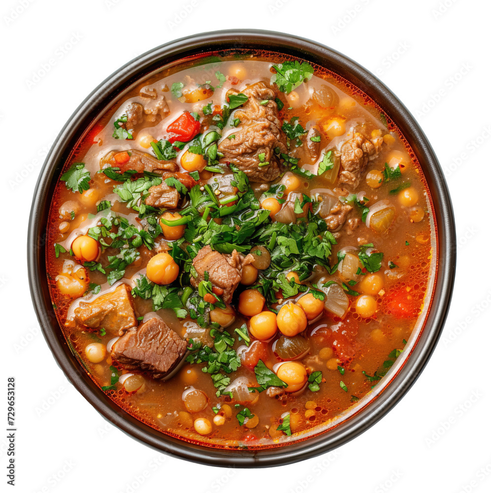 Harira soup, North African traditional soup top view over white transparent background Harira soup, North African traditional soup top view over white transparent background