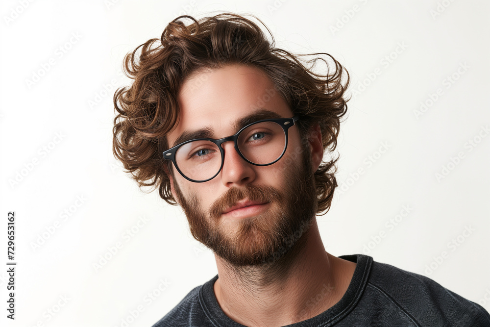 Curly-Haired Man in Glasses: Portrait on White Background Curly-Haired Man in Glasses: Portrait on White Background