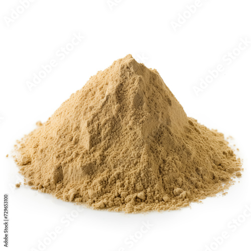 close up pile of finely dry organic fresh raw blessed thistle powder isolated on white background. bright colored heaps of herbal, spice or seasoning recipes clipping path. selective focus photo