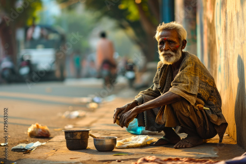 Poor man asks for alms sitting in the street near the building