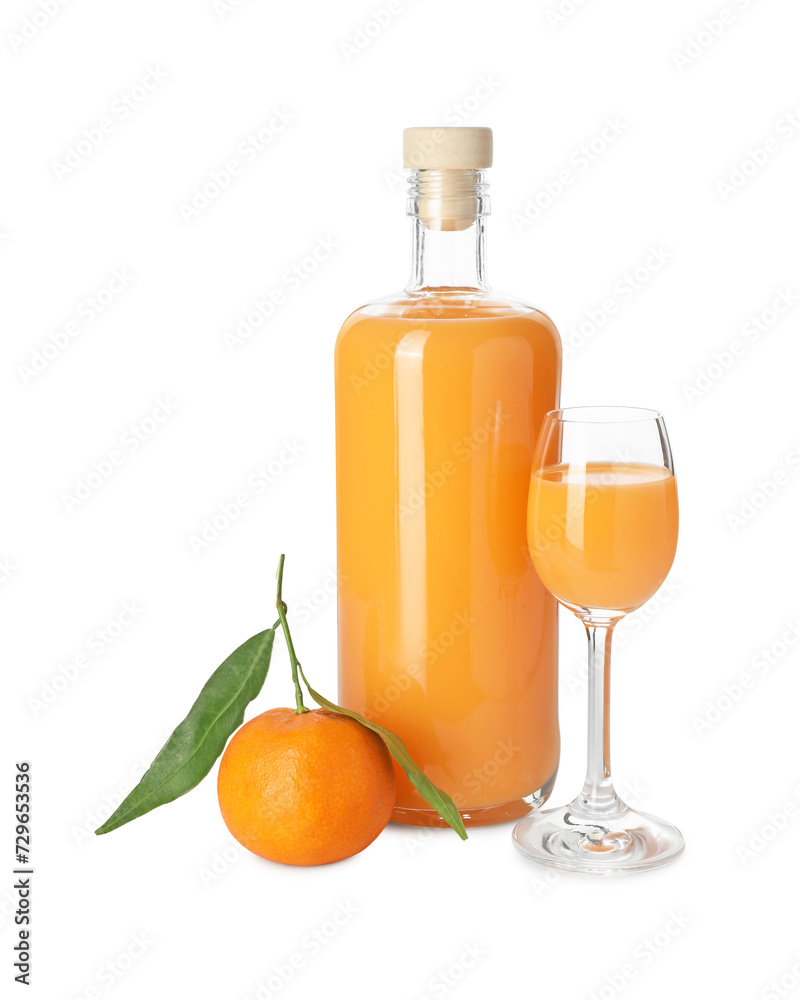 Tasty tangerine liqueur and fresh fruits isolated on white Tasty tangerine liqueur and fresh fruits isolated on white