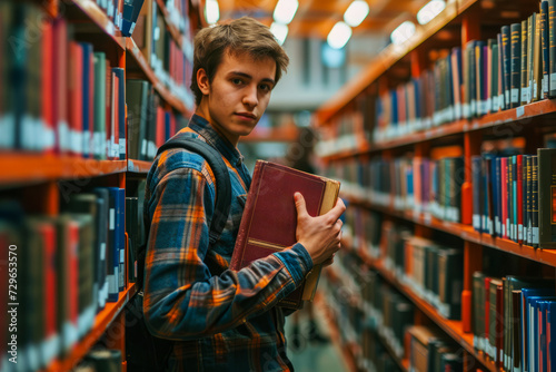 A Man Holding a Book in a Library