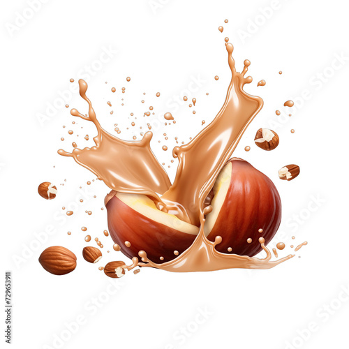 realistic fresh ripe hazelnut fruit with slices falling inside swirl fluid gestures of milk or yoghurt juice splash png isolated on a white background with clipping path. selective focus