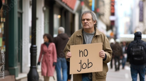 A man holding a sign that says no job.