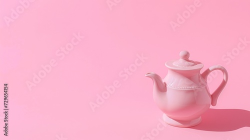  a pink teapot with a white lid on a pink background with a shadow of a teapot on the left side of the tea pot, and a white lid on the right side of the right.