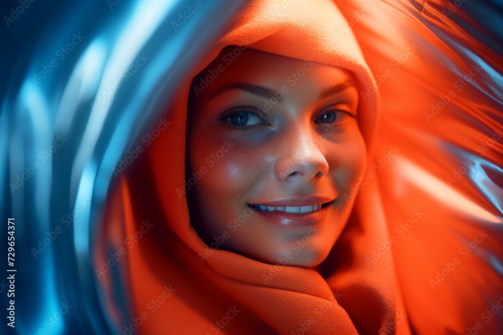 Charming Woman with Orange Hijab and Gentle Smile on Blue Background Charming Woman with Orange Hijab and Gentle Smile on Blue Background