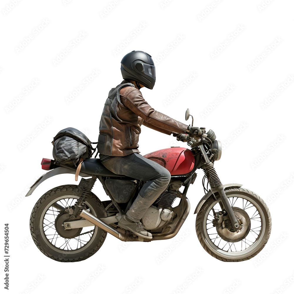 Unrecognizable man riding classic motorcycle. Side view full body image over isolated transparent background
