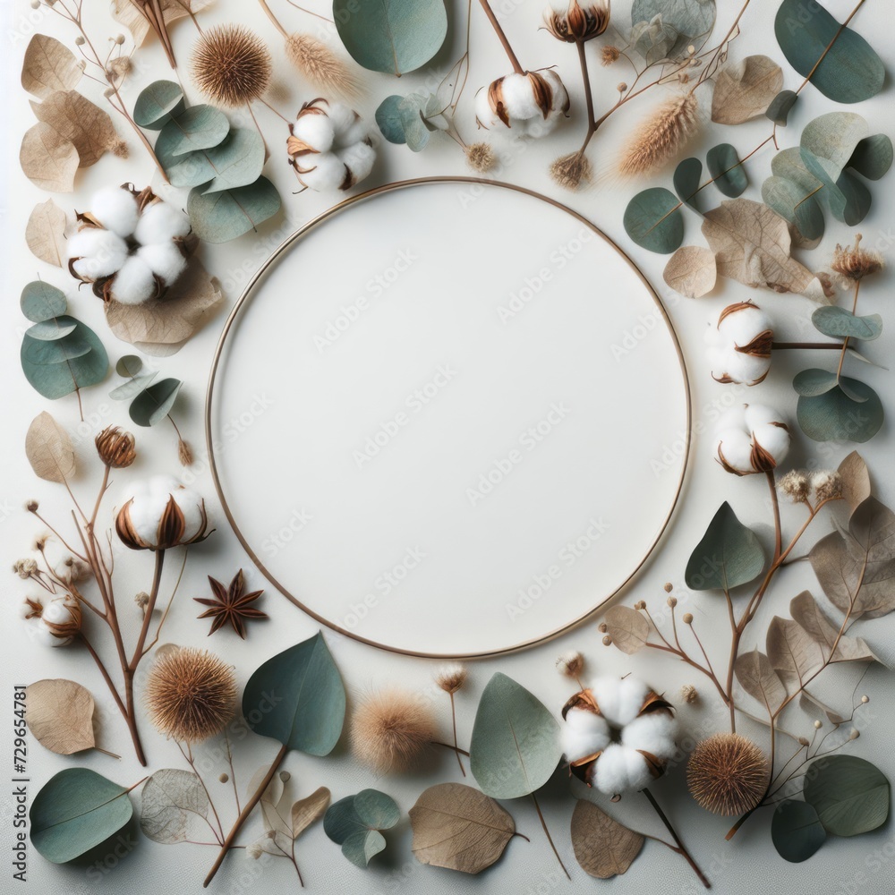 Obraz premium A minimalist botanical frame composed of cotton, eucalyptus, and dried flora with a central blank space for text or design placement. 
