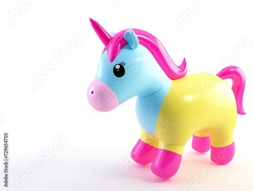 A plastic toy horse with a pink mane. Funny cute inflatable toy on white background.