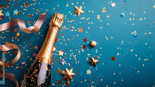 Effervescent celebration fills the air as sparkling bubbles and shimmering stars dance atop a bubbling sea of water and confetti, all centered around a gleaming bottle of champagne