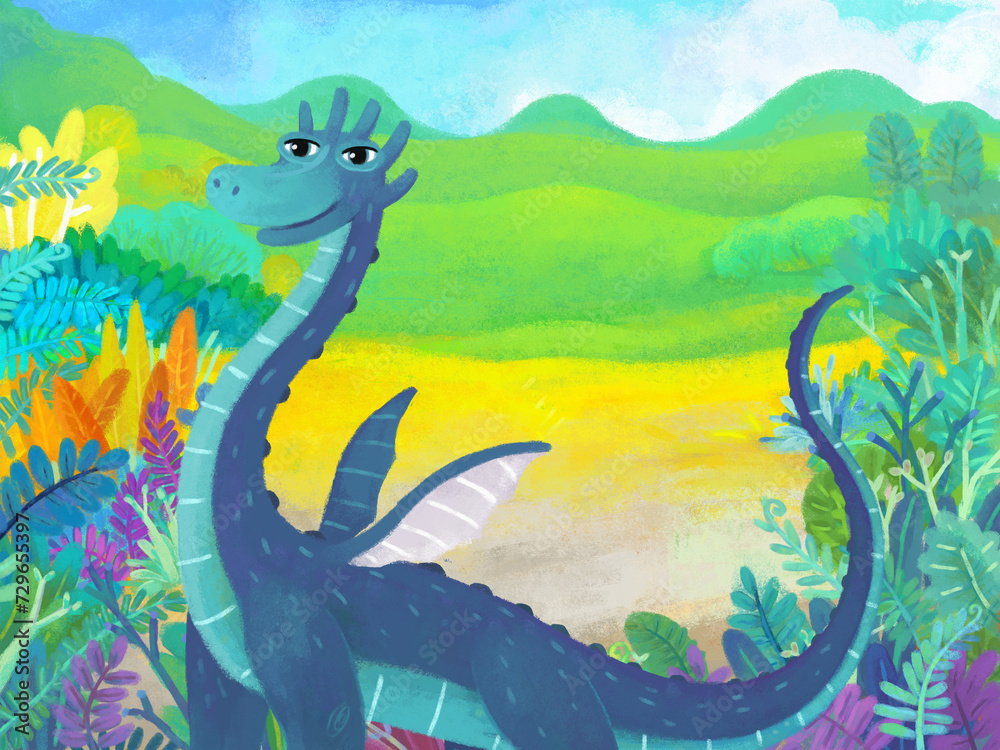 Obraz premium cartoon scene with forest jungle meadow wildlife with dragon dino dinosaur animal zoo scenery illustration for children
