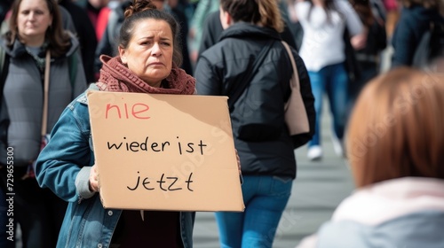 A woman holding a sign that says nie wieder ist jetzt. It means never again is now.