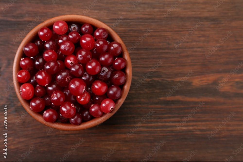 Fresh ripe cranberries in bowl on wooden table, top view. Space for text Fresh ripe cranberries in bowl on wooden table, top view. Space for text