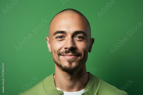 Portrait of a happy young man smiling on a green background.