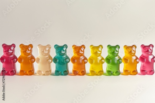 A vibrant display of sugary delights, a row of gummy bears stands tall with their colorful hues and playful animal figures, tempting both the eyes and taste buds of those indoors photo