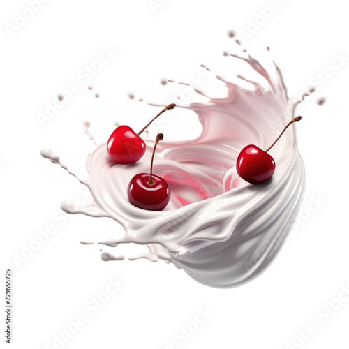 realistic fresh ripe cherries with slices falling inside swirl fluid gestures of milk or yoghurt juice splash png isolated on a white background with clipping path. selective focus photo