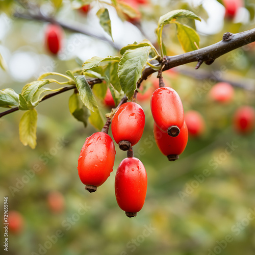 close-up of a fresh ripe rosehip hang on branch tree. autumn farm harvest and urban gardening concept with natural green foliage garden at the background. selective focus photo